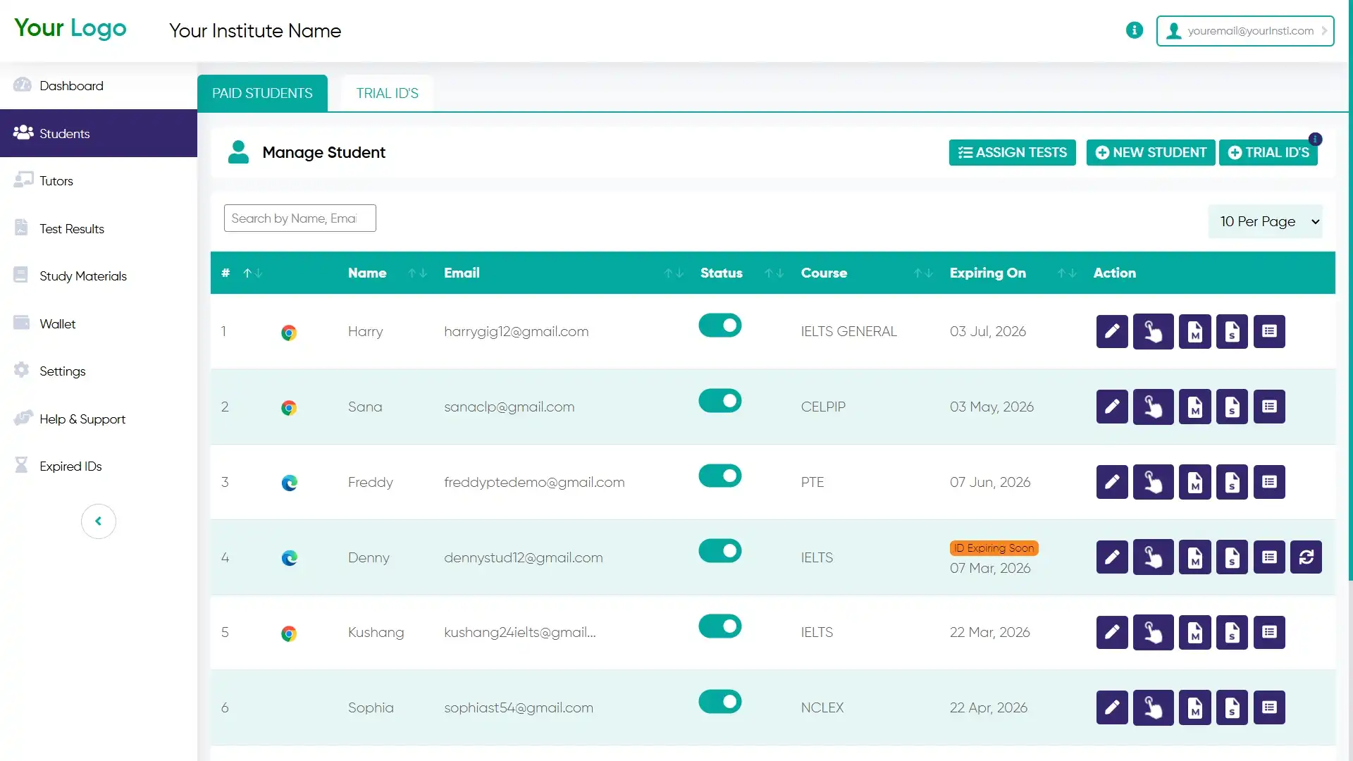 Institute software for PTE, IELTS, CELPIP, OET, Nclex